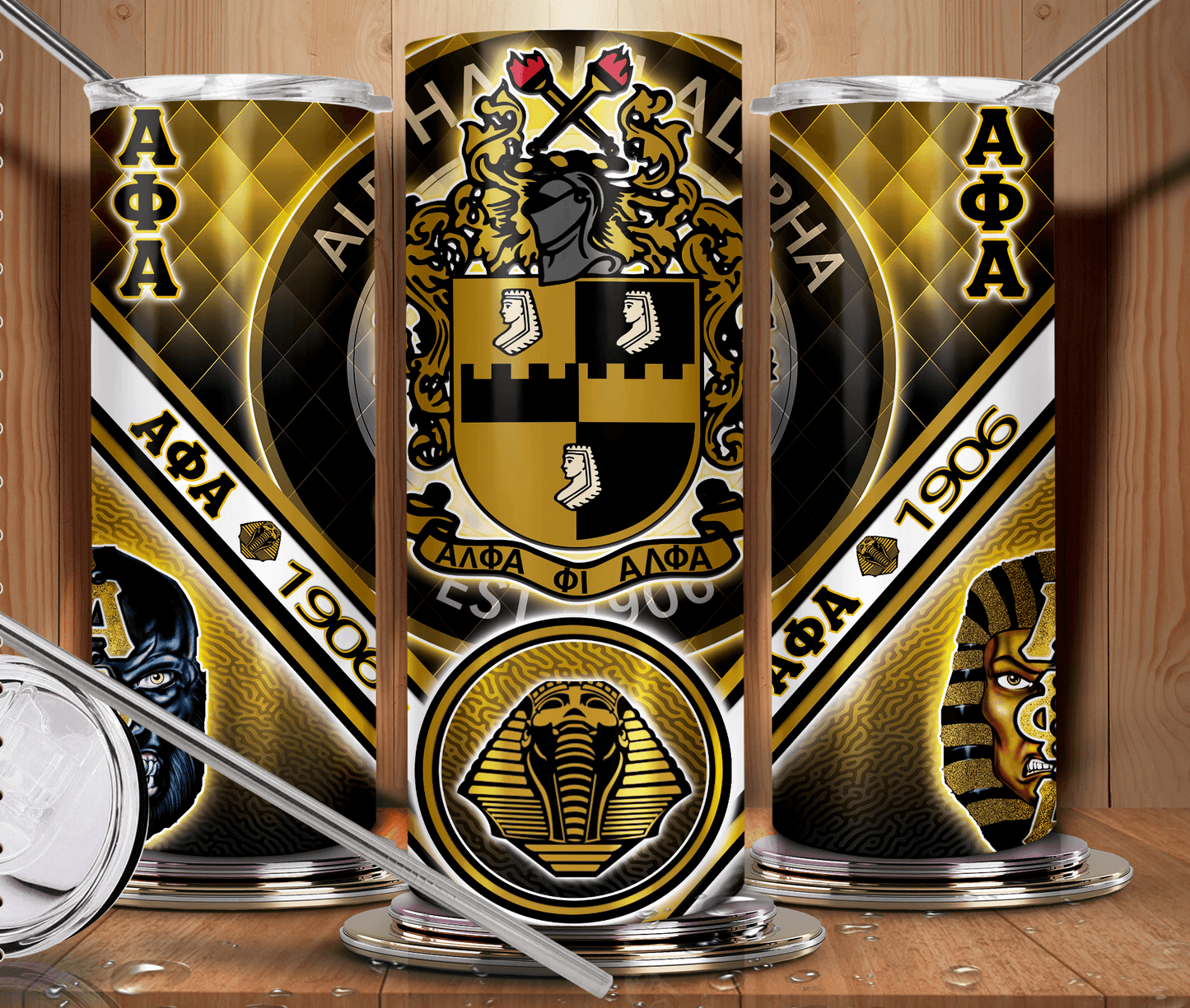 Alpha Phi Alpha Fraternity Black & Gold 20 oz. Skinny Stainless Steel Tumbler - Uneek Boutique by Dee