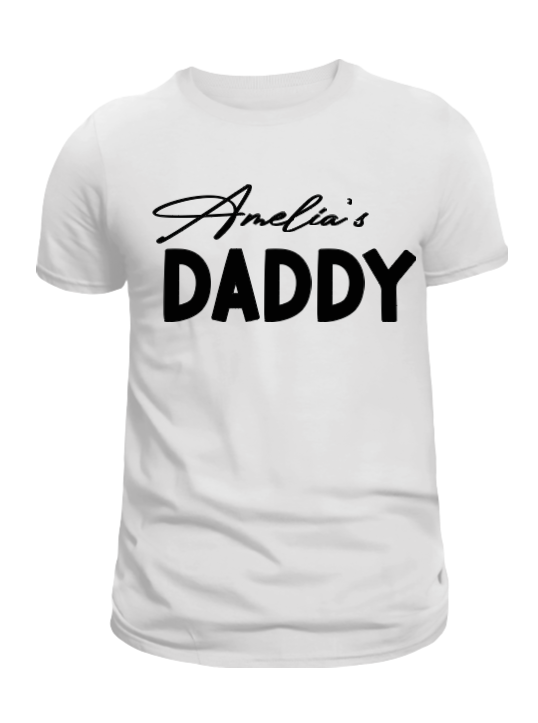 White t-shirt with 'Amelia's DADDY' text on a white background