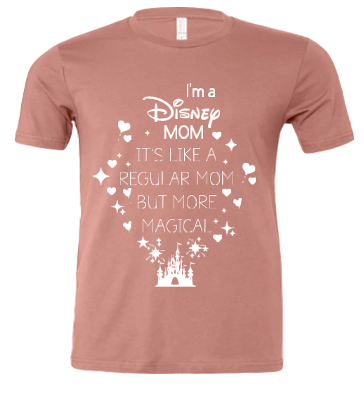 A pink Disney Mom T-Shirt with text and heart graphics.