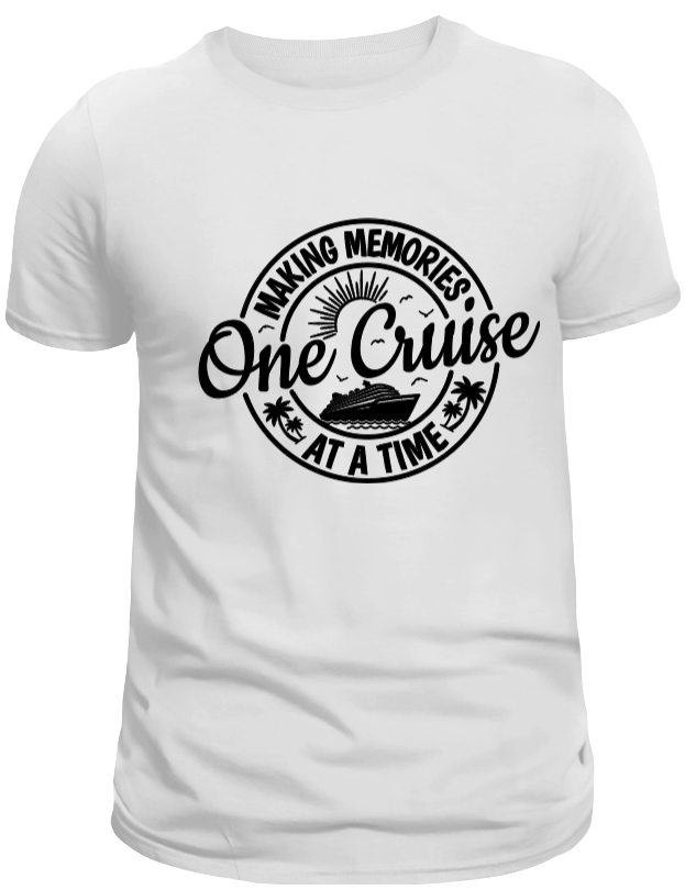White t-shirt with black graphic and text on a white background
