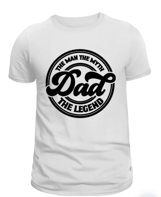 A black crew neck t-shirt with the text 'Dad' and 'The Man, The Myth, The Legend' arranged in a circular formation in white and grey gradient colors.
