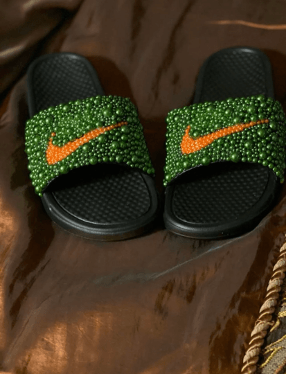 FAMU/UM Orange & Green Custom Bling Nike Slides - Uneek Boutique by Dee