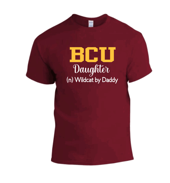 A red t-shirt with 'BCU Daughter' text 