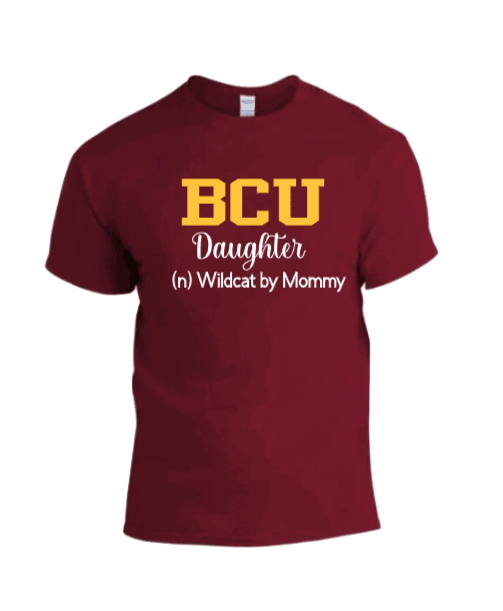 A red graphic T-shirt with 'BCU' and text 'Daughter/Wildcat by Mommy' printed on the front.