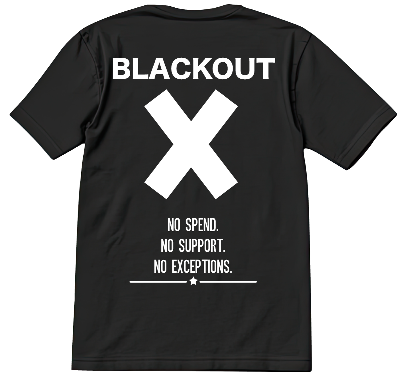 Black t-shirt with white text and logo on a white background