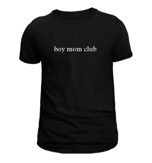 A black t-shirt with the phrase 'boy mom club' written in white text on the chest.