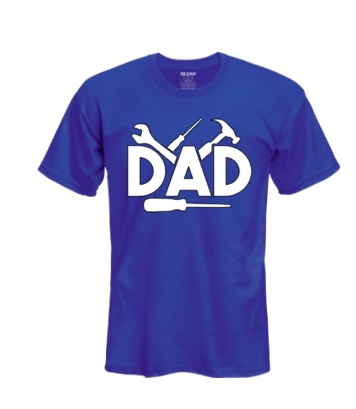 A blue T-shirt with the word 'DAD' printed in white letters, accompanied by an illustration of tools such as a screwdriver and hammer.