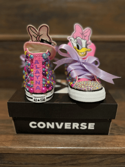 Daisy Duck Bling Coverse Pink Front and Back on Converse Box with Wood Background