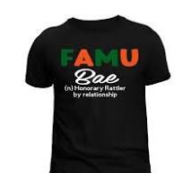 A black crew neck t-shirt with 'FAMU Bae' printed in colorful letters on the front.