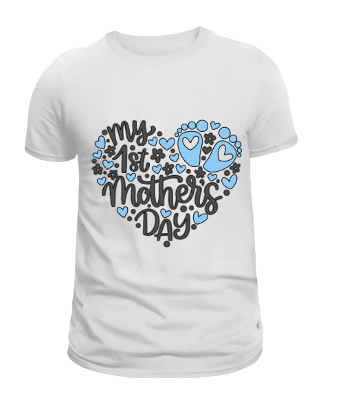 A white, unisex fit t-shirt with a graphic that reads 'My 1st Mother's Day' surrounded by hearts and floral designs.