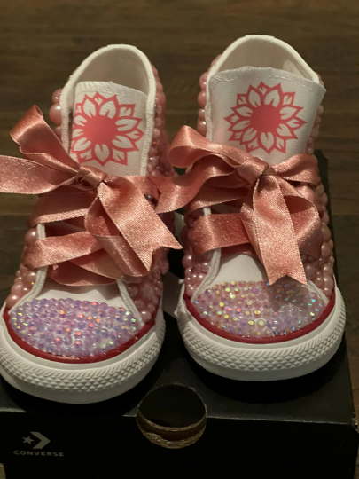 Pink Flower Bling Custom White Converse Sneakers