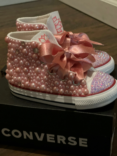 Pink Flower Bling Custom White Converse Sneakers