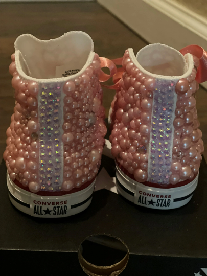 Pink Flower Bling Custom White Converse Sneakers