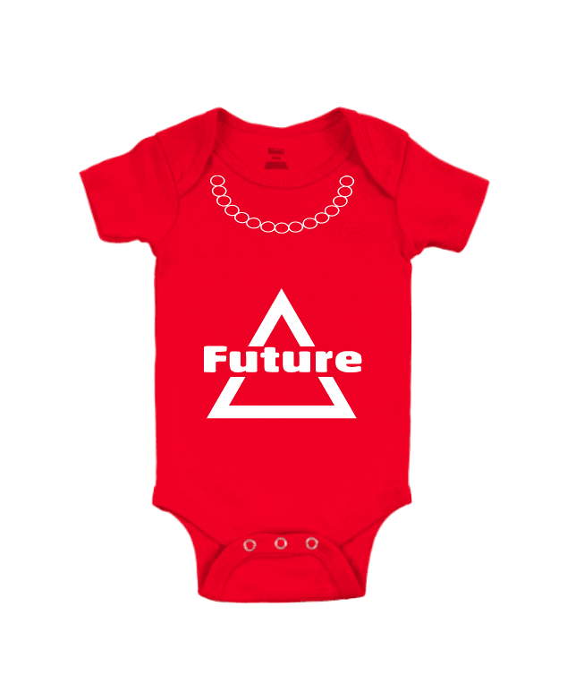 A red onesie with a geometric design and the text 'future' displayed on it.