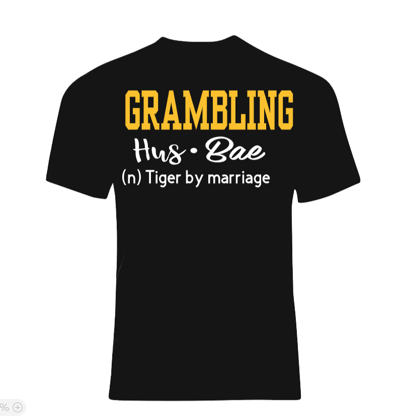 A black crew neck t-shirt with the text 'GRAMBLING Hus• Bae (n) Tiger by marriage' printed on the back.