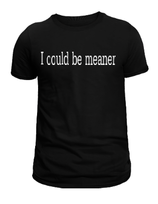 A black graphic t-shirt with the text 'I could be meaner' printed in white.