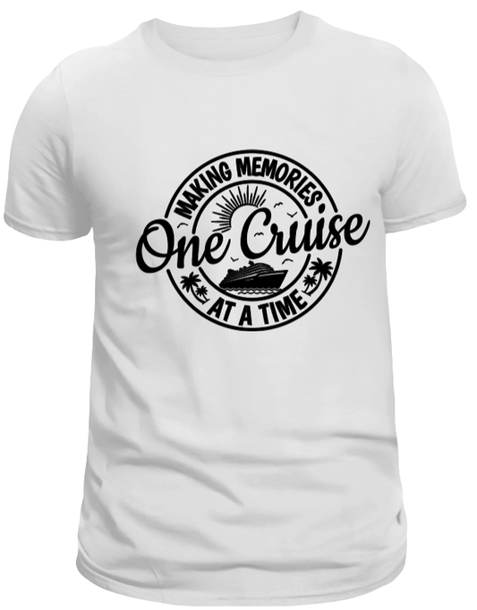 White t-shirt with black graphic and text on a white background