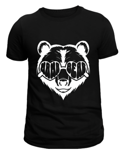 A black crew neck t-shirt with a white graphic of a bear's face wearing sunglasses.