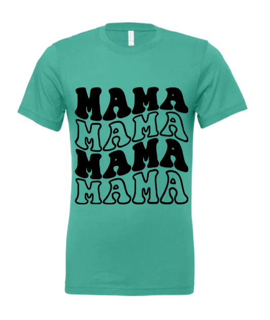 A green t-shirt with the word 'MAMA' printed in black in a retro design.