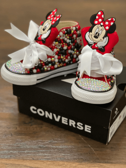 Red Minnie Mouse Bling Converse on top of Converse back with wood background