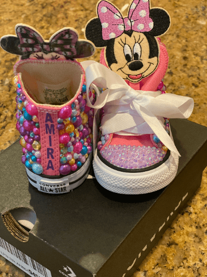 Pink Minnie Mouse Bling Converse front and back on Converse box with speckled graphite background