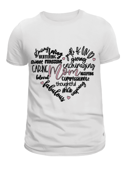 A white crew neck t-shirt with black and red text design featuring words related to motherhood arranged in a heart shape.