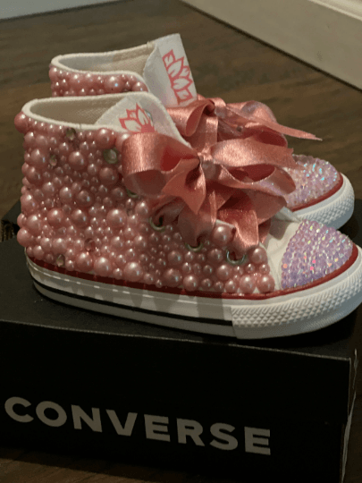Pink Flower Bling Custom White Converse Sneakers - Uneek Boutique by Dee