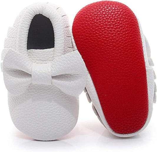 Red Bottom Moccasin Baby Girl Booties/Crib Shoes-White