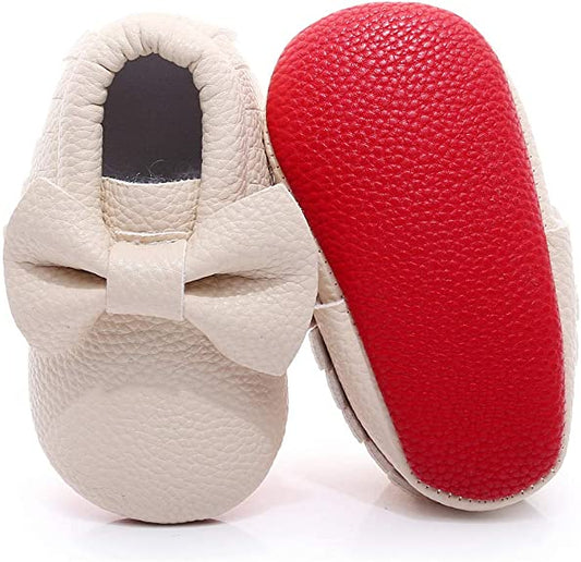 Red Bottom Moccasin Baby Girl Booties/Crib Shoes-Winter White/Beige