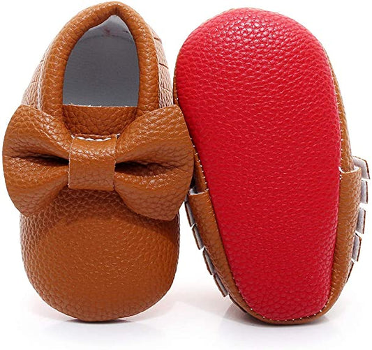 Red Bottom Moccasin Baby Girl Booties/Crib Shoes-Camel