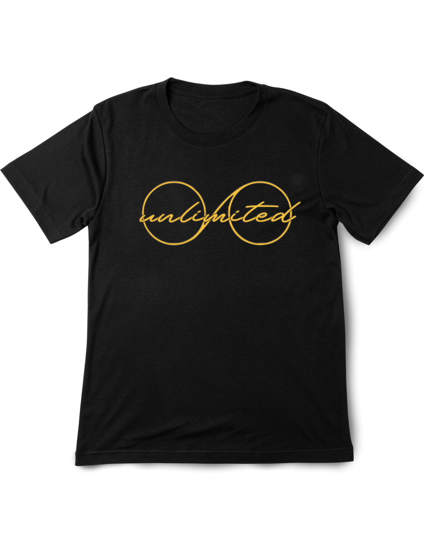 Black t-shirt with gold 'unlimited' design on a white background