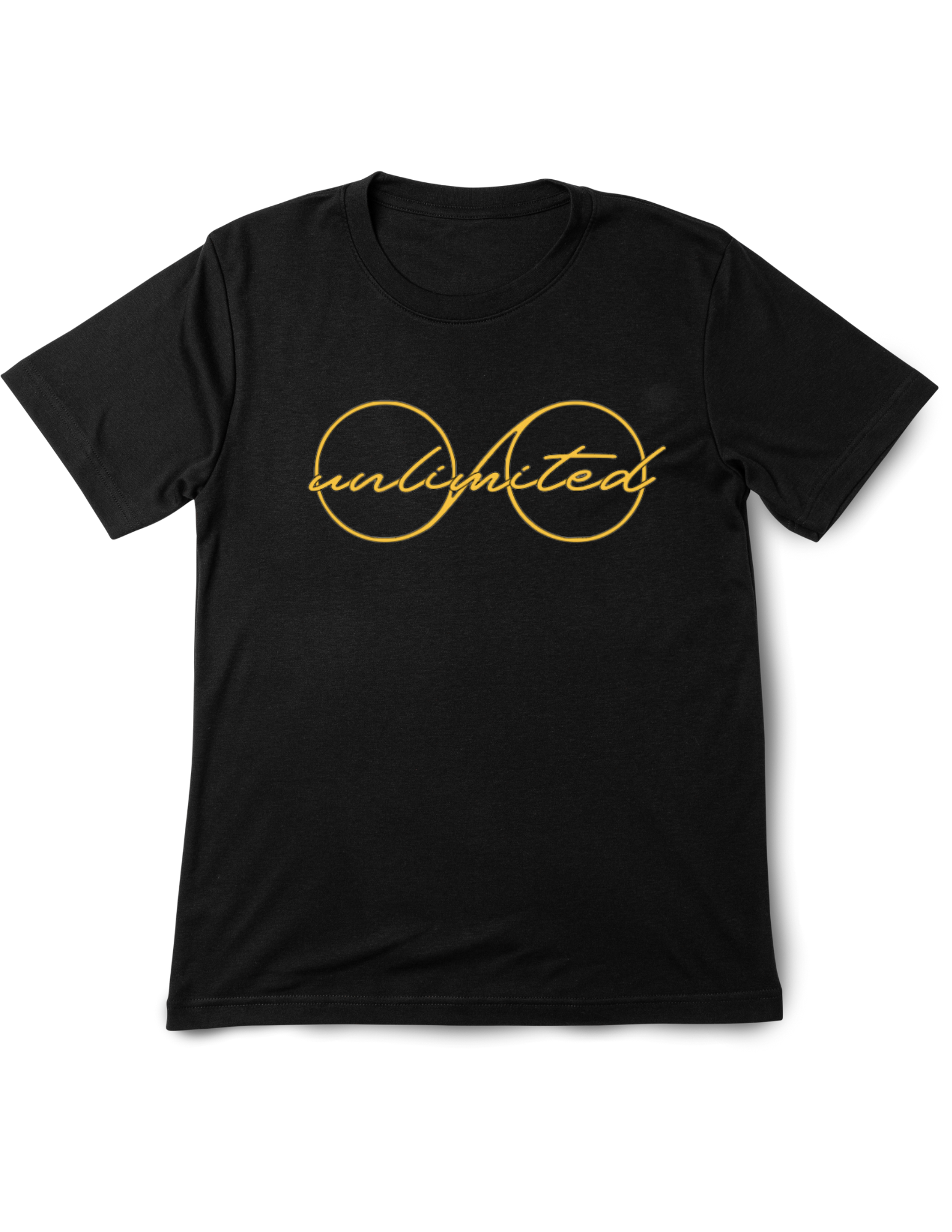 Black t-shirt with gold 'unlimited' design on a white background