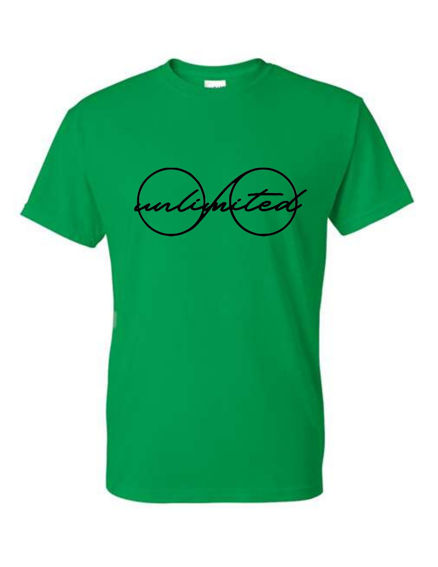 Green t-shirt with 'unlimited' text on a white background
