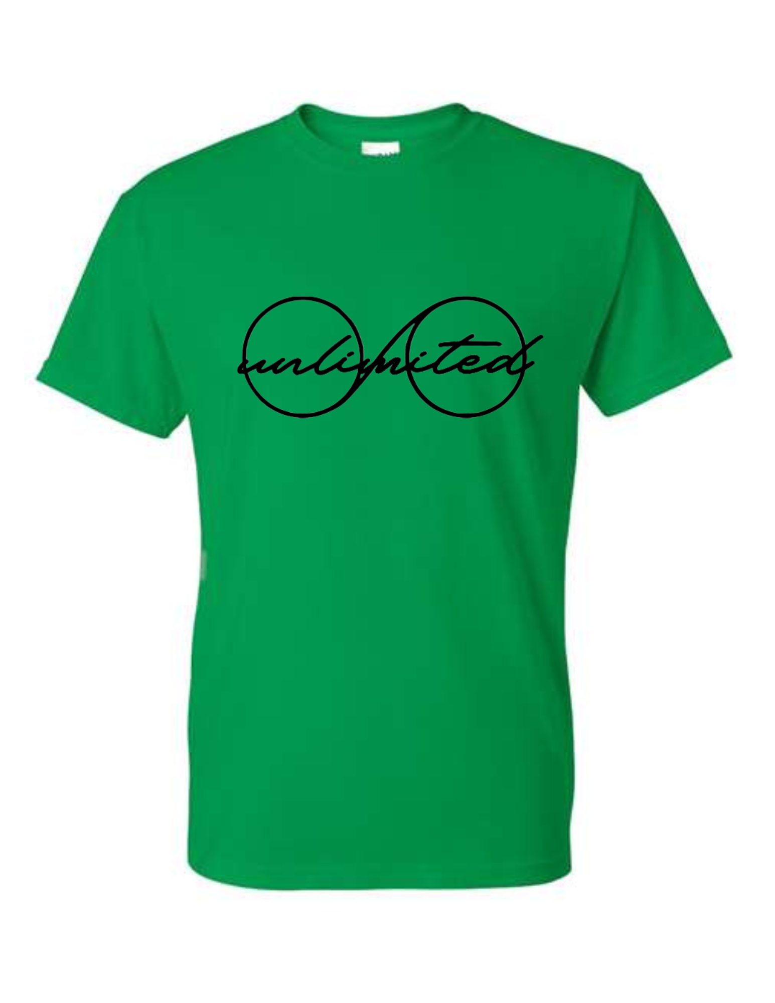 Green t-shirt with 'unlimited' text on a white background