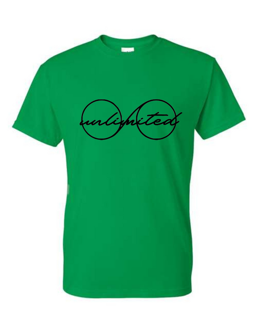 Green t-shirt with 'unlimited' text on a white background