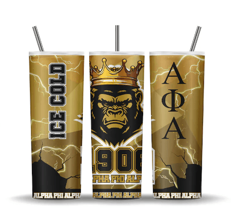 Alpha Phi Alpha Fraternity Black & Gold Ice Cold Ape 20 oz. Skinny Sta ...