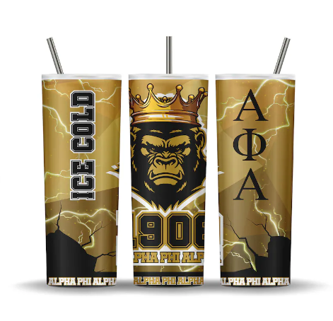 Alpha Phi Alpha Fraternity Black & Gold Ice Cold Ape 20 oz. Skinny Stainless Steel Tumbler - Uneek Boutique by Dee